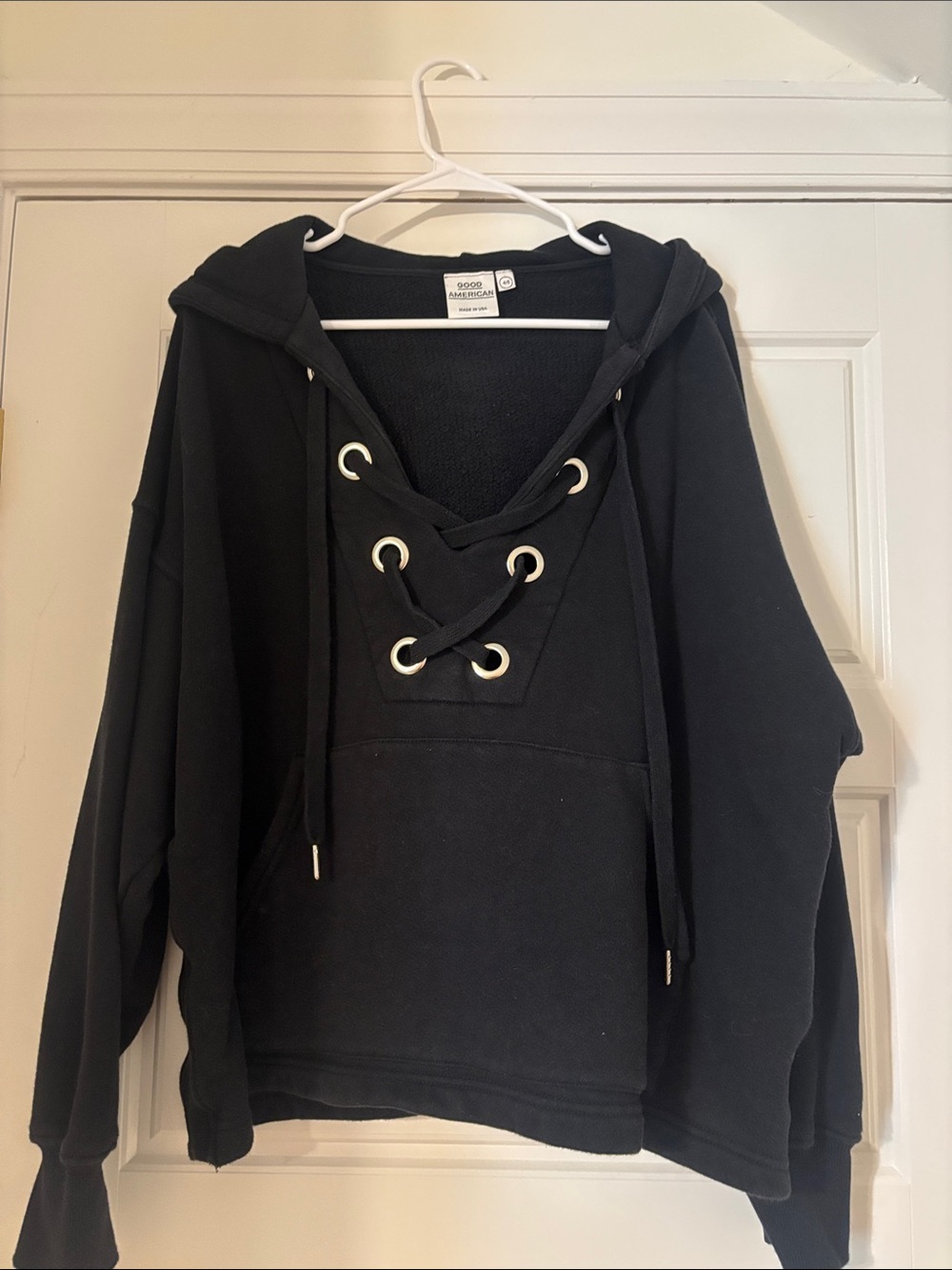 Good American Black Lace-Up Hooded Sweatshirt